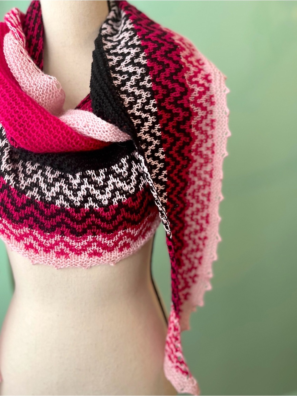 Bespoke Hand Knit Pink Red Black Zigzag Luxury Merino Cashmere Mink Shawl Scarf